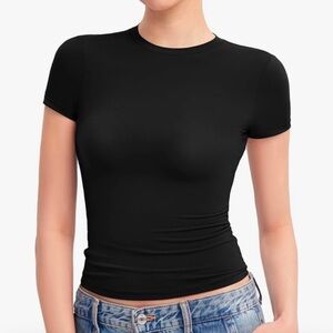 PUMIEY Women's Crew Neck Short Sleeve Tops Black Size S